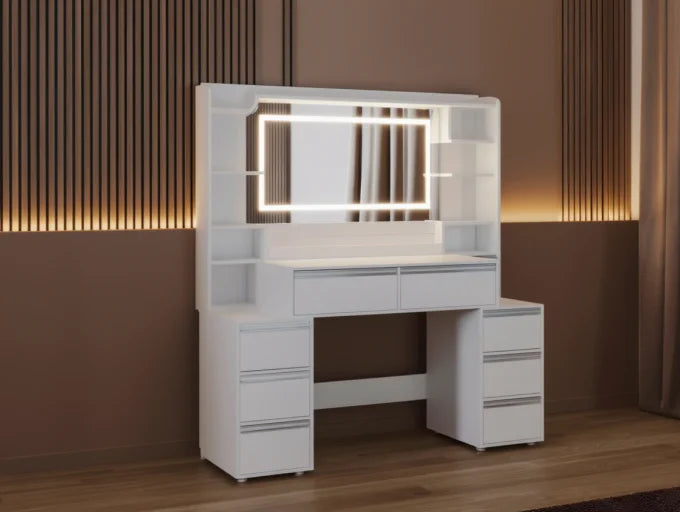 Dressing Table with Mirror and 8 Drawers - White, 135cm