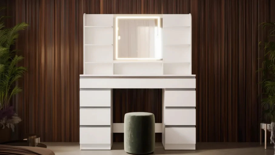 Dressing Table with Mirror and 7 Drawers - White, 108cm