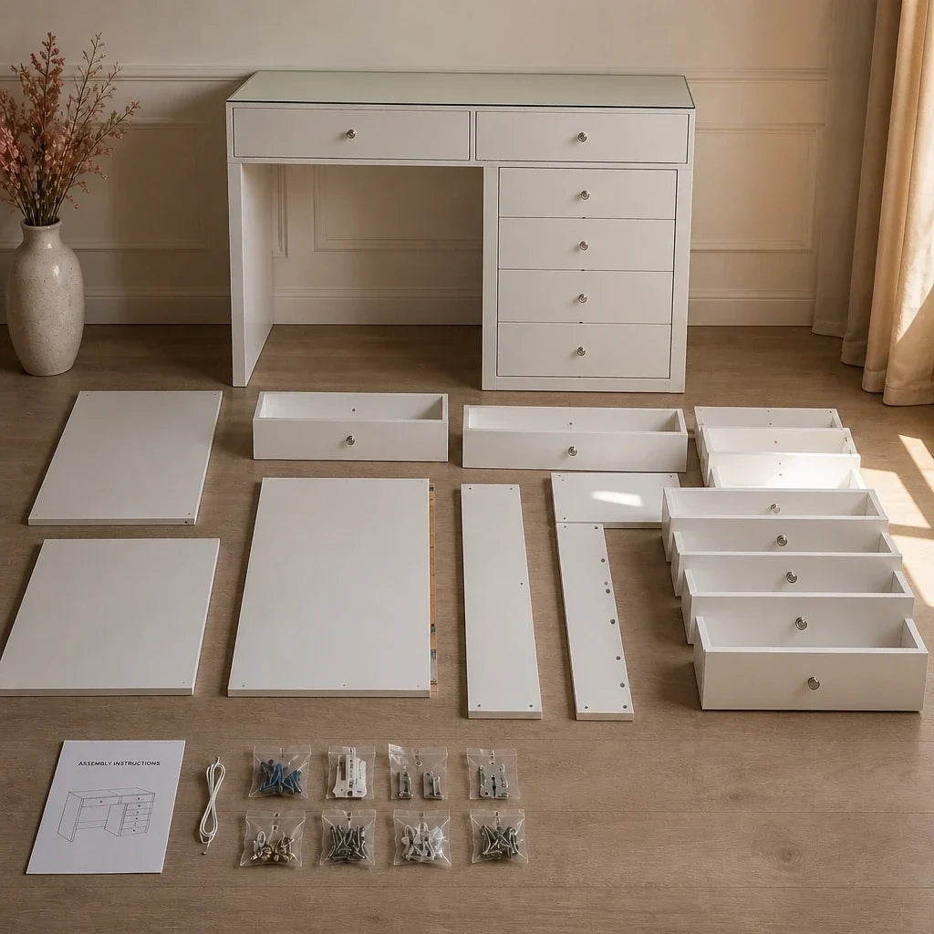 Glass Top Dressing Table with 7 Drawers - White, 120cm