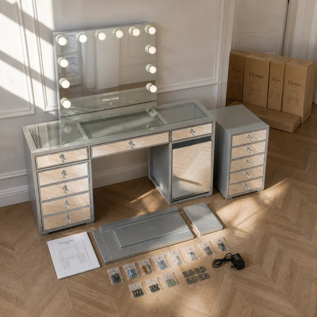 Dressing Table with Mirror and Drawers - Mirrored Finish