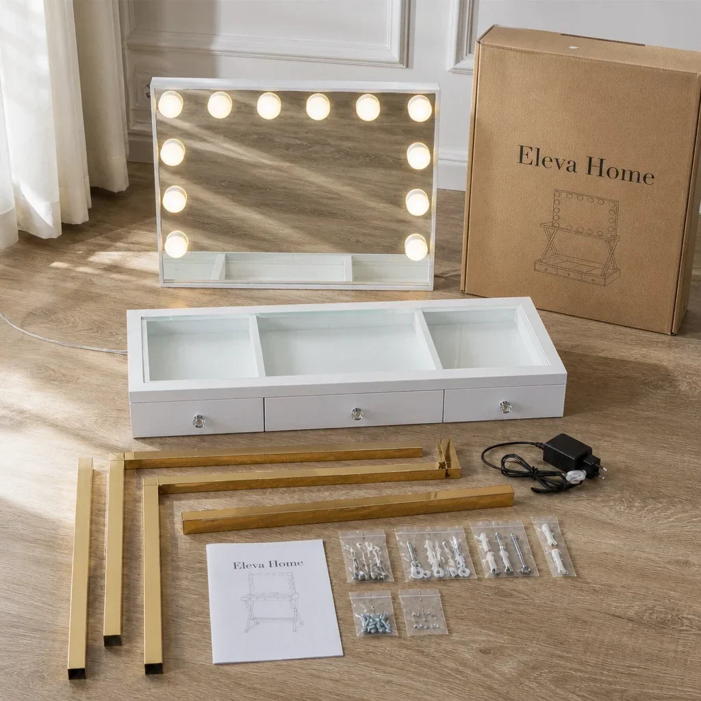 Dressing Table with Mirror - White Glass Top, Gold Legs