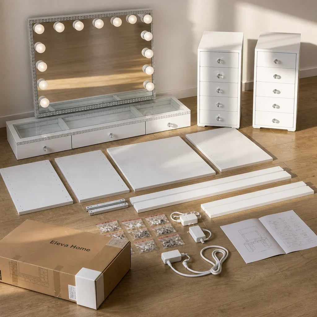 Dressing Table with Mirror and Drawers - White, Crystal