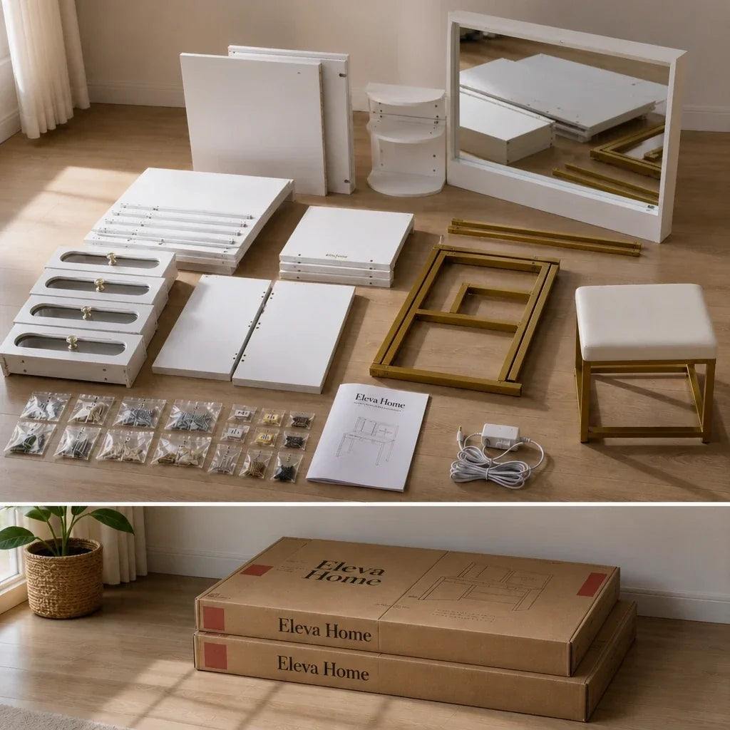 Corner Dressing Table with Mirror - Gold Legs, 5 Drawers
