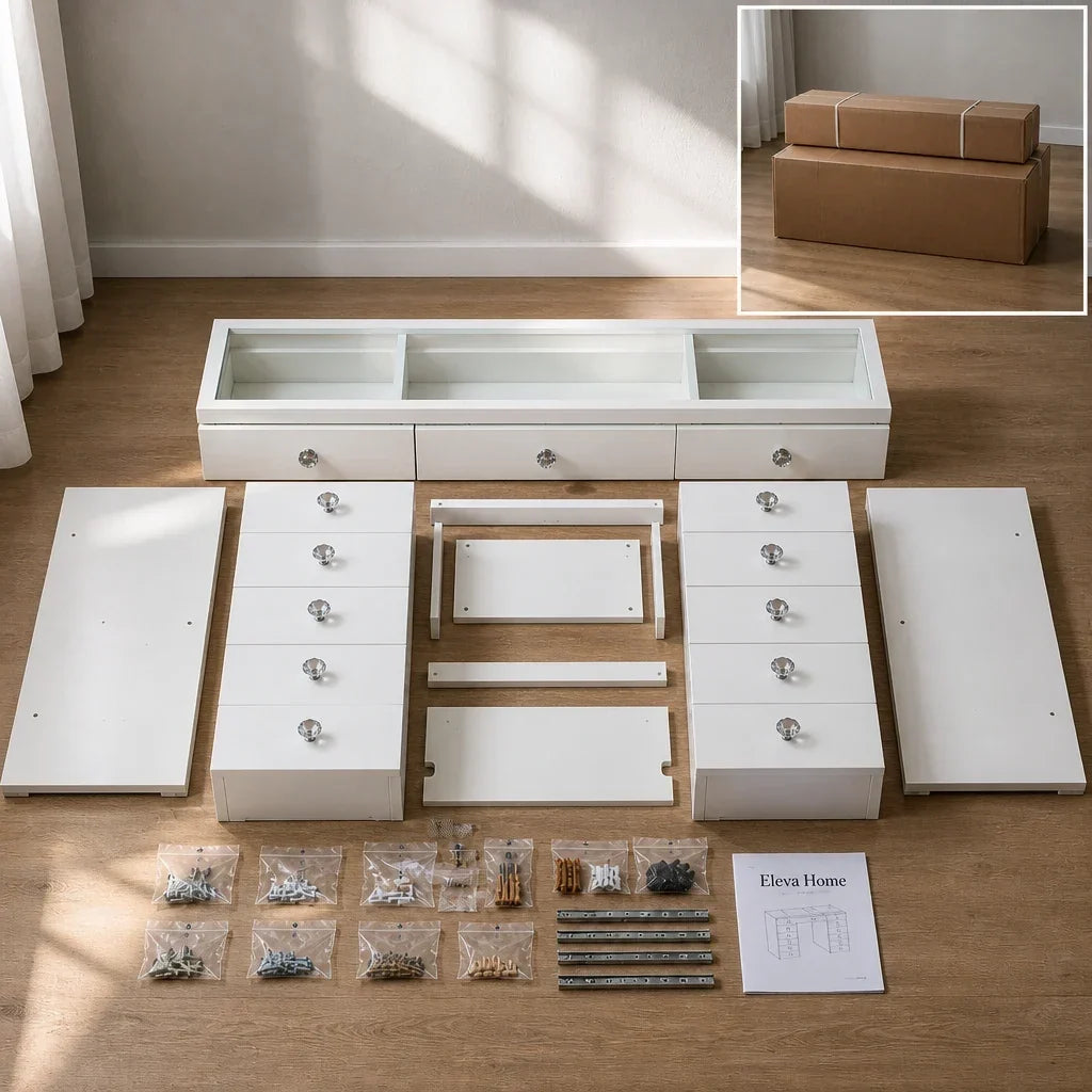 Dressing Table with Drawers - White, Glass Top