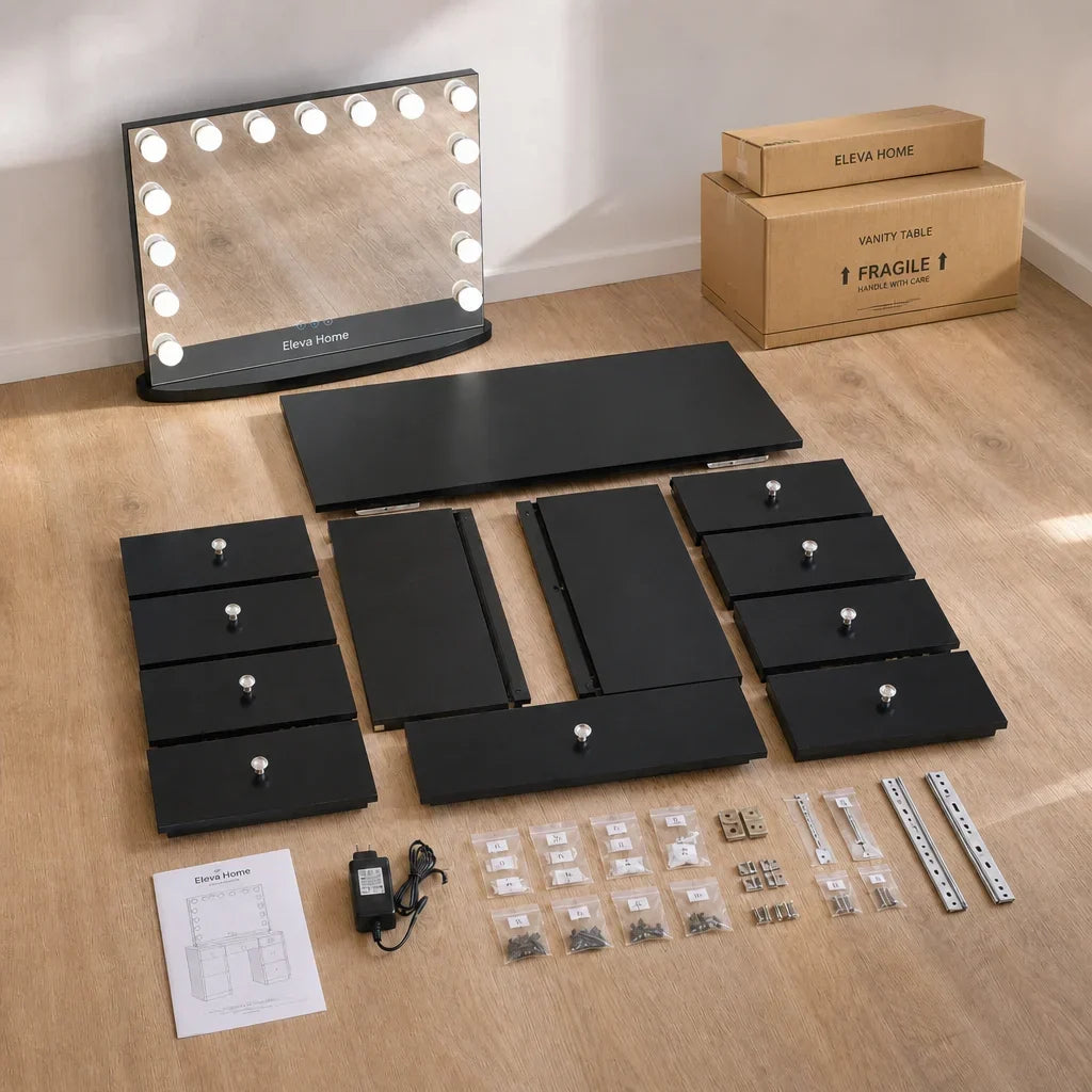 Dressing Table with Mirror and 7 Drawers - Black