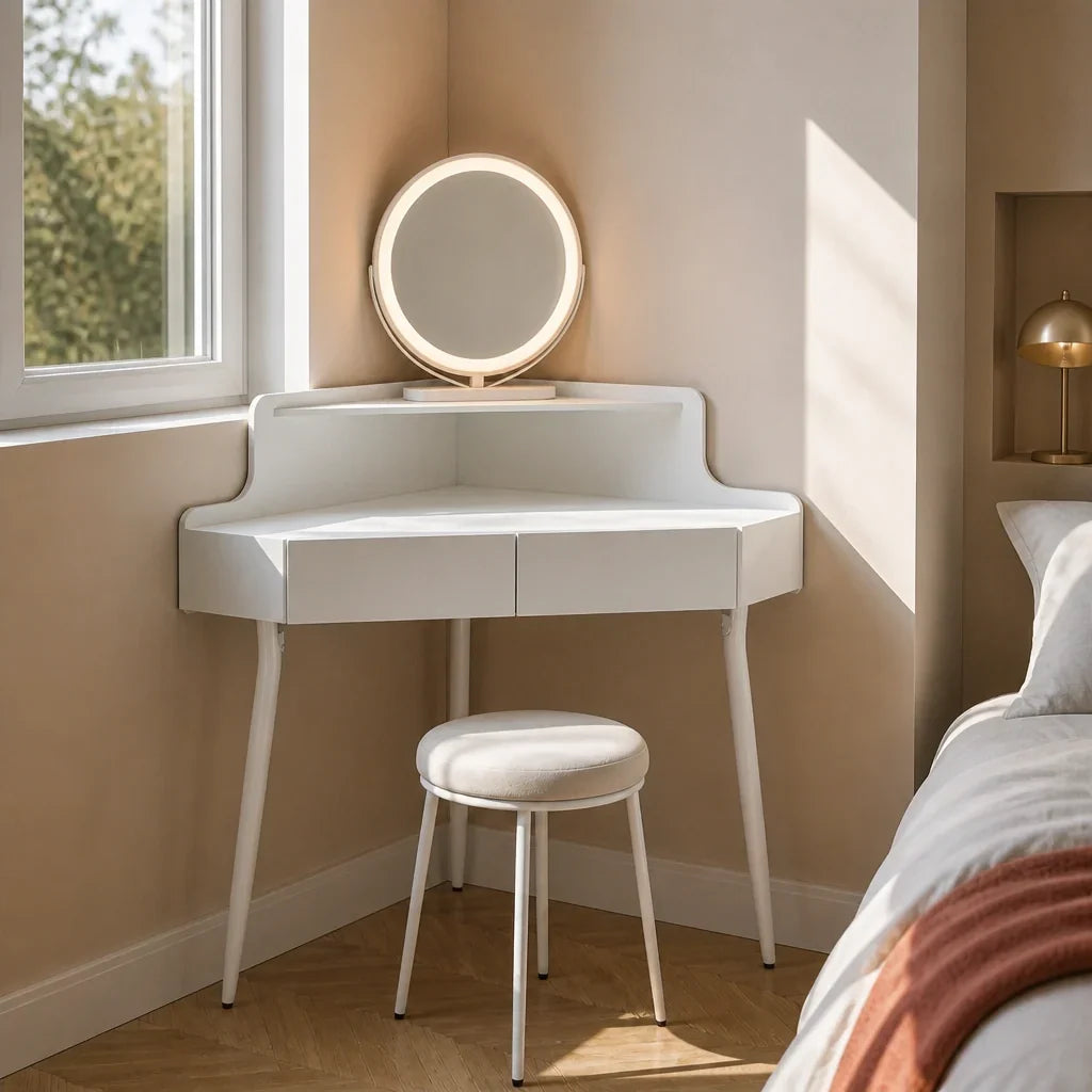 Corner Dressing Table with Mirror - White, 100cm