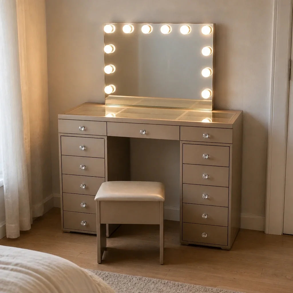 Dressing Table with Mirror and Drawers - Champagne Gold