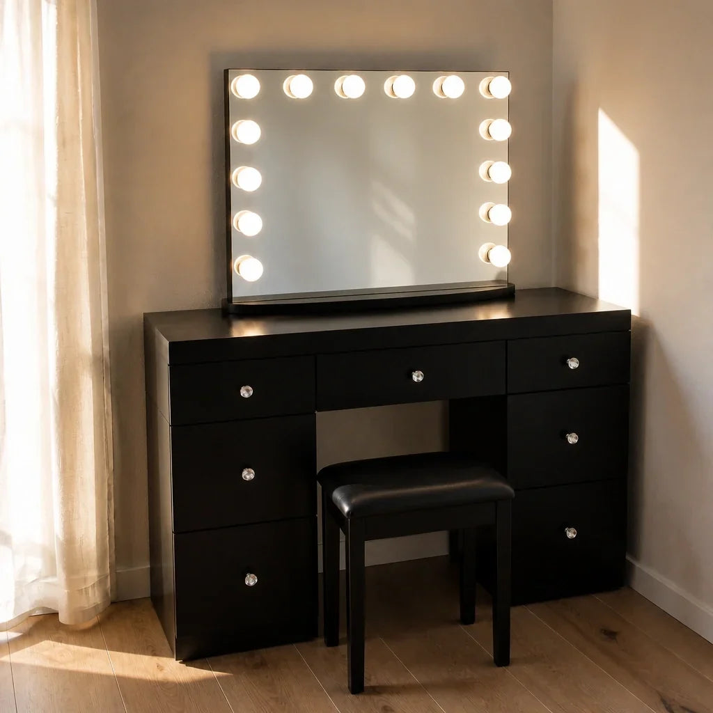 Dressing Table with Mirror and 7 Drawers - Black