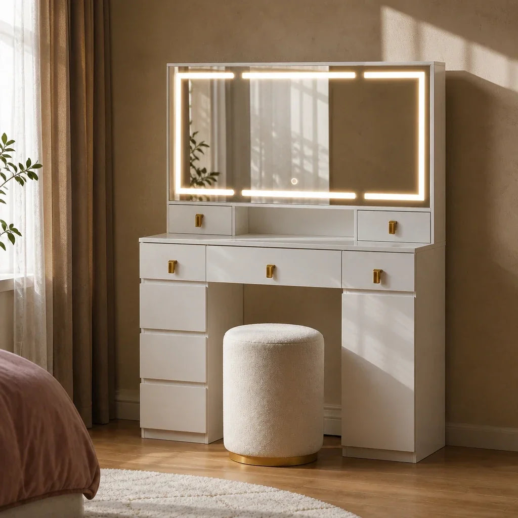 Dressing Table with Mirror and Gold Handles - White, 108cm