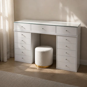Glass Top Dressing Table with 13 Drawers - White, 150cm