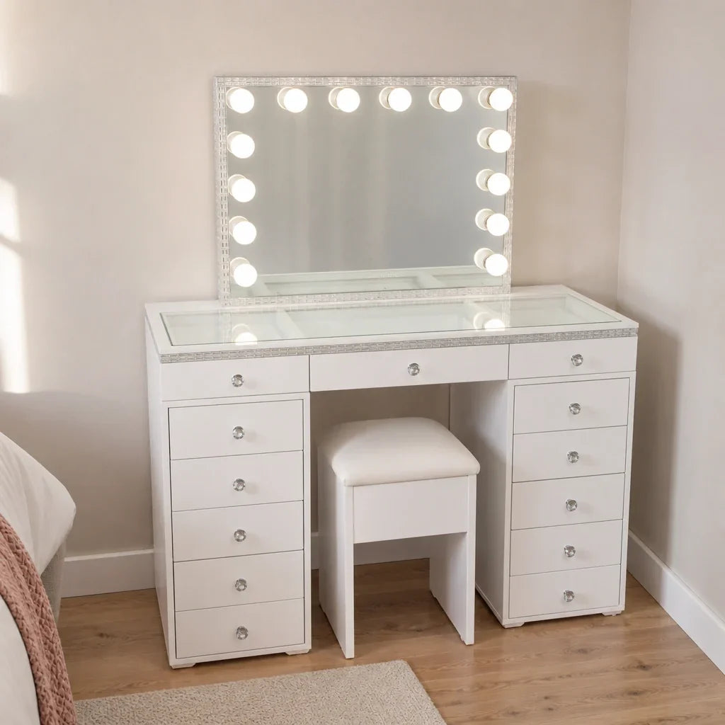 Dressing Table with Mirror and Drawers - White, Crystal