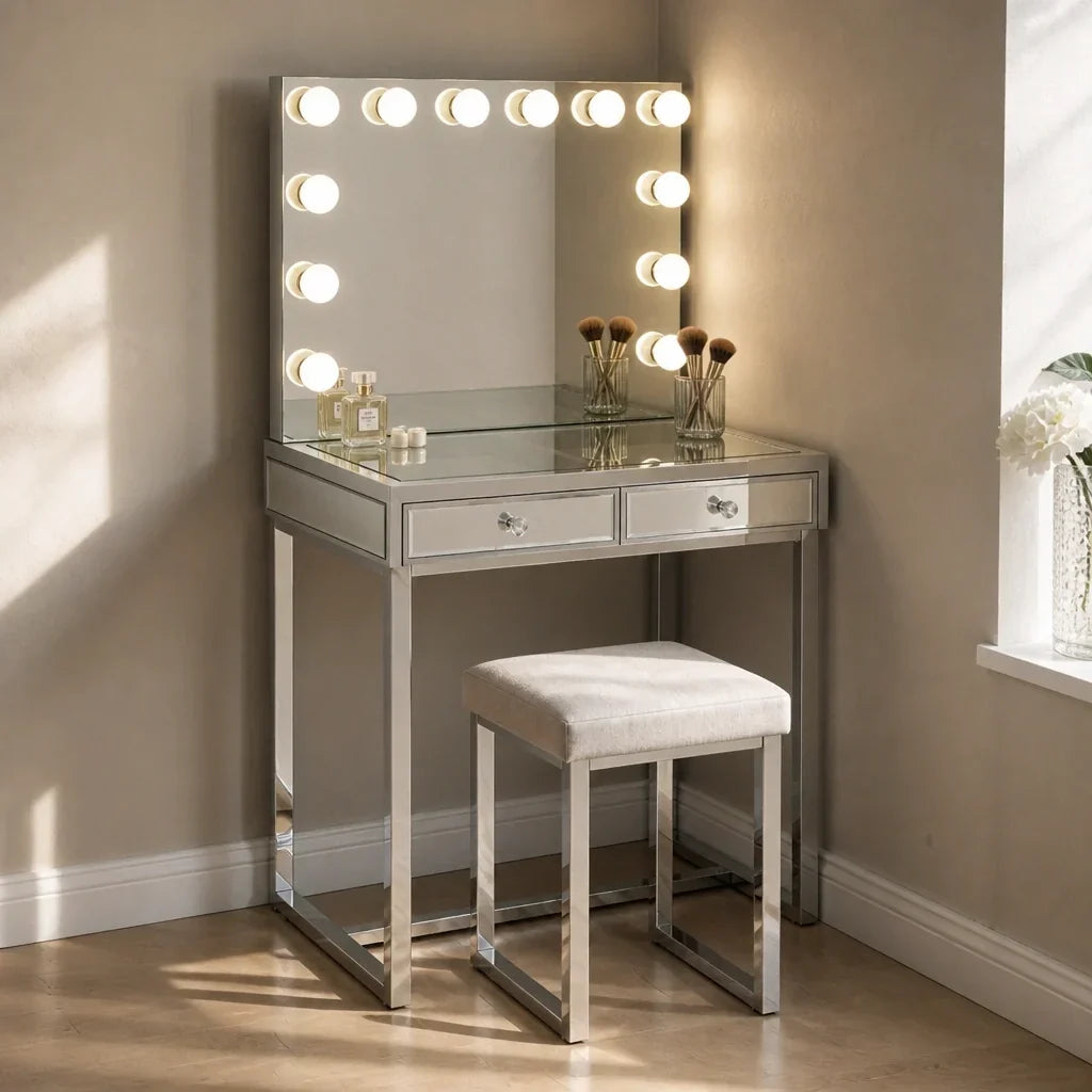 Small Dressing Table with Mirror - Mirrored, Chrome Legs
