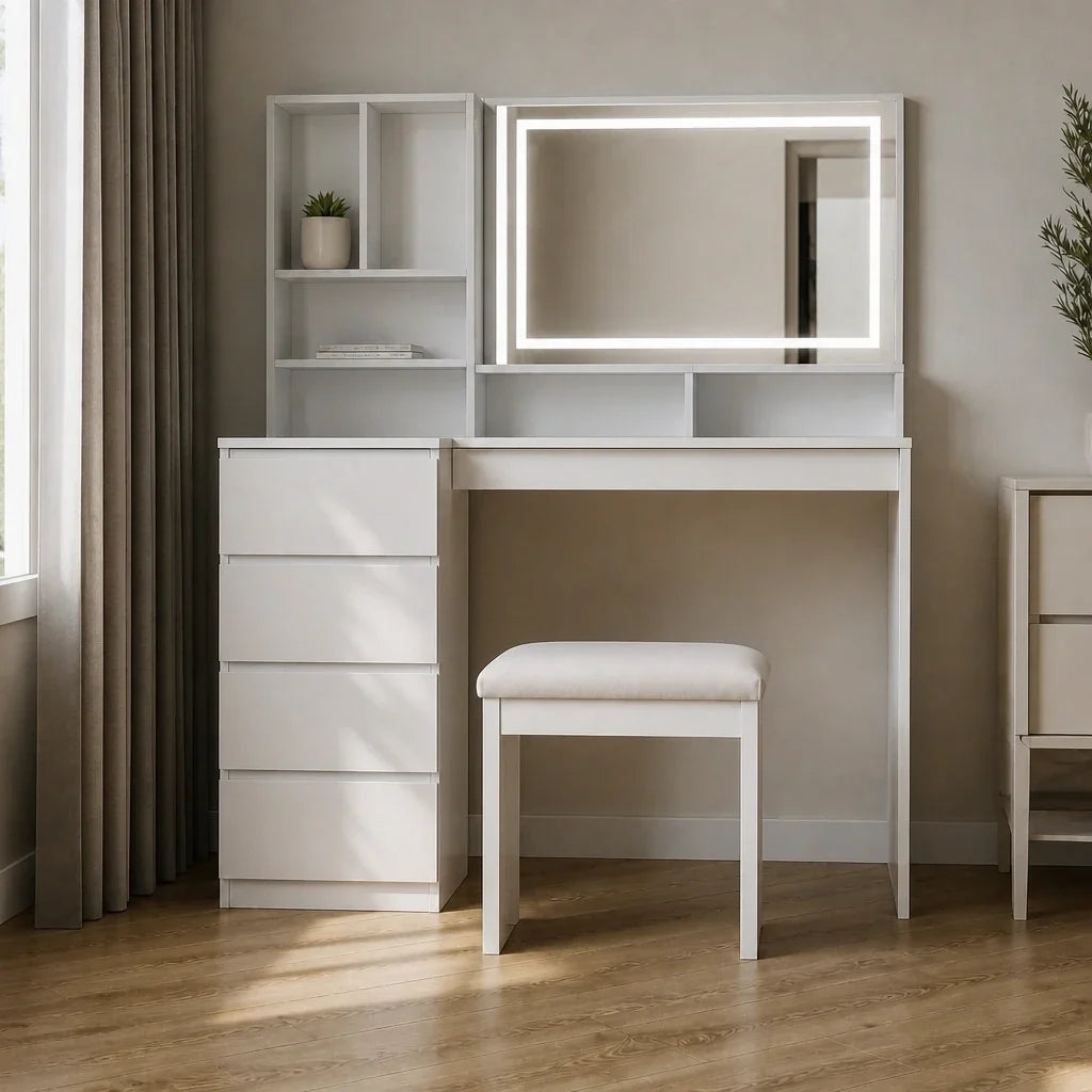 Corner Dressing Table with Mirror and Drawers - White