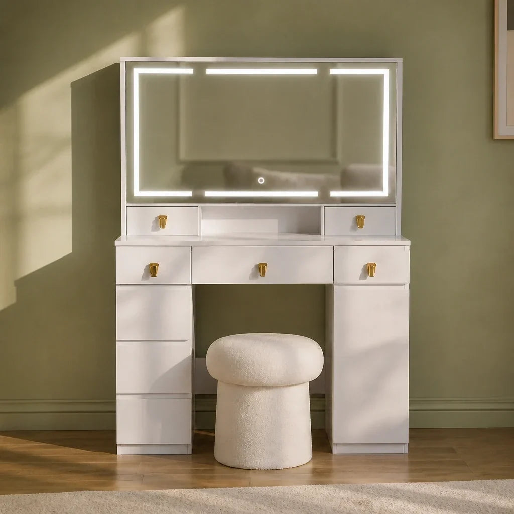 Dressing Table with Mirror and Gold Handles - White, 108cm