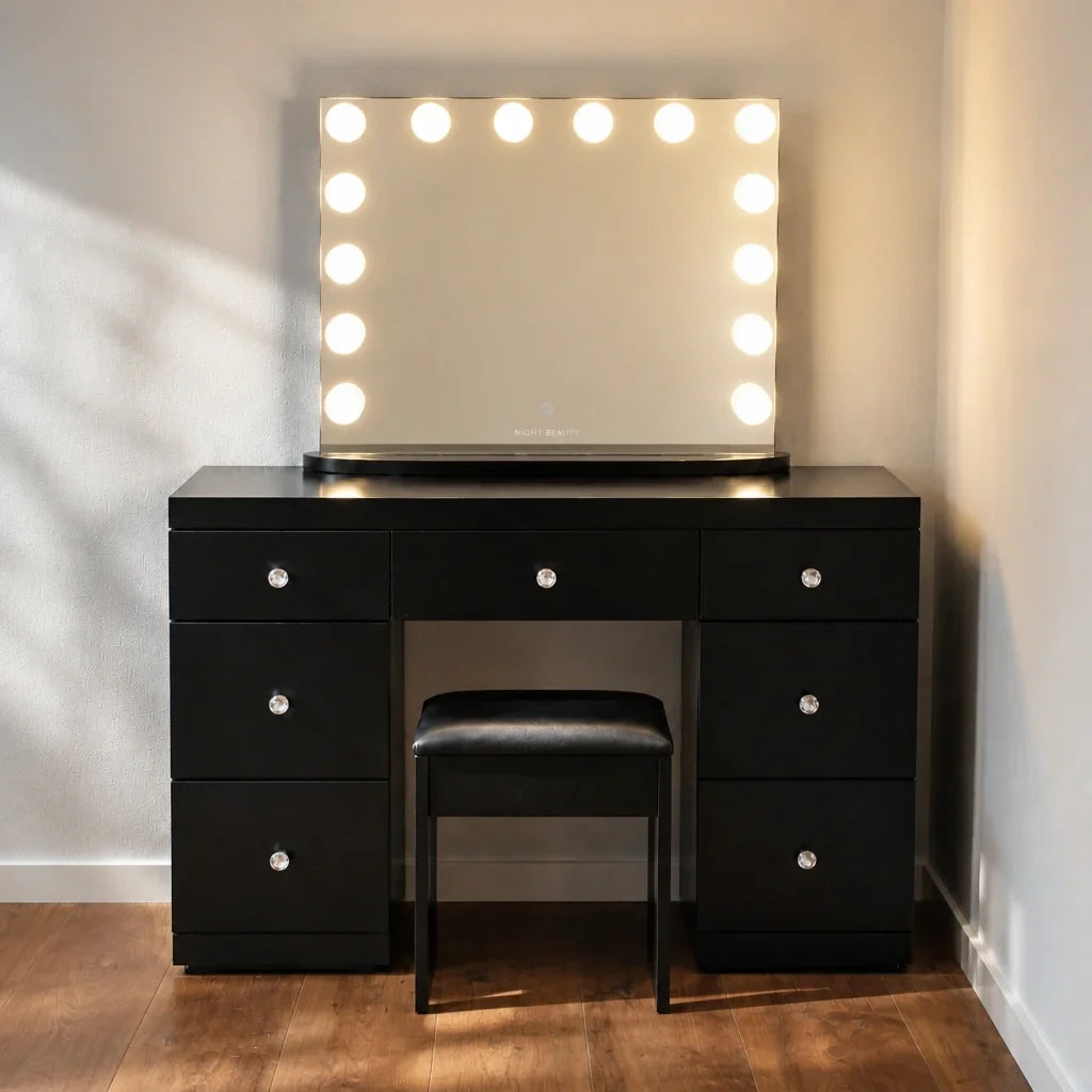 Dressing Table with Mirror and 7 Drawers - Black