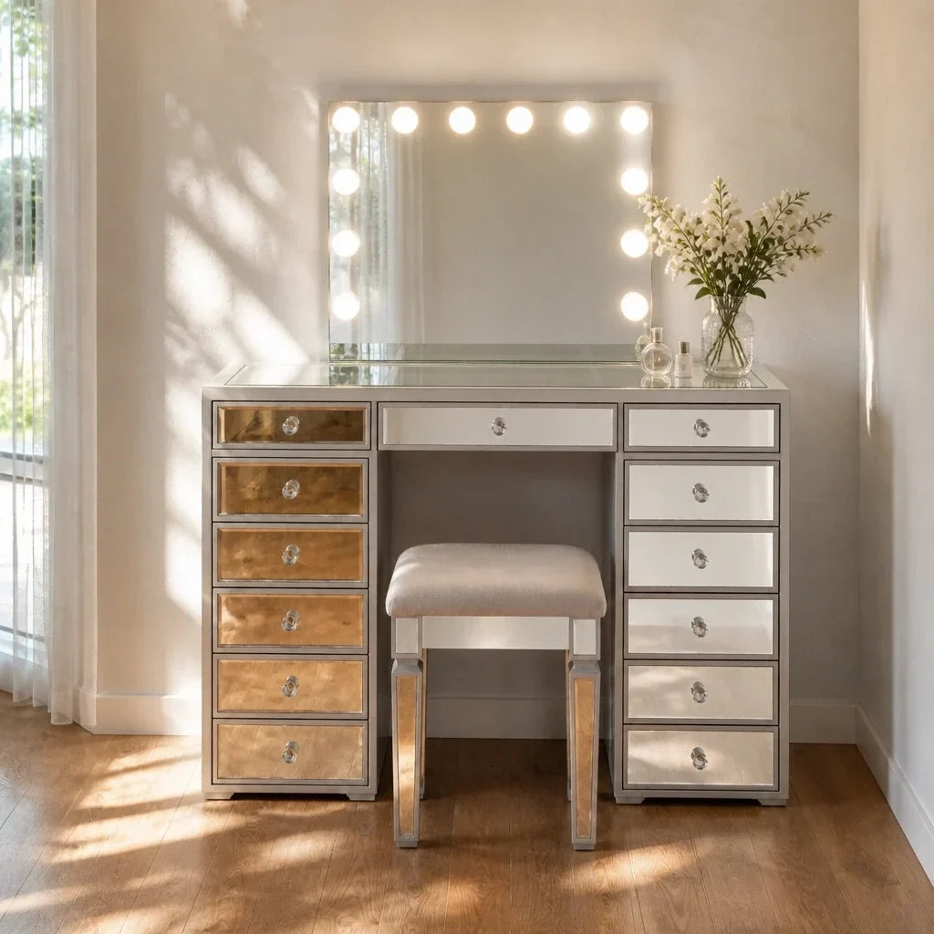 Dressing Table with Mirror and Drawers - Mirrored Finish
