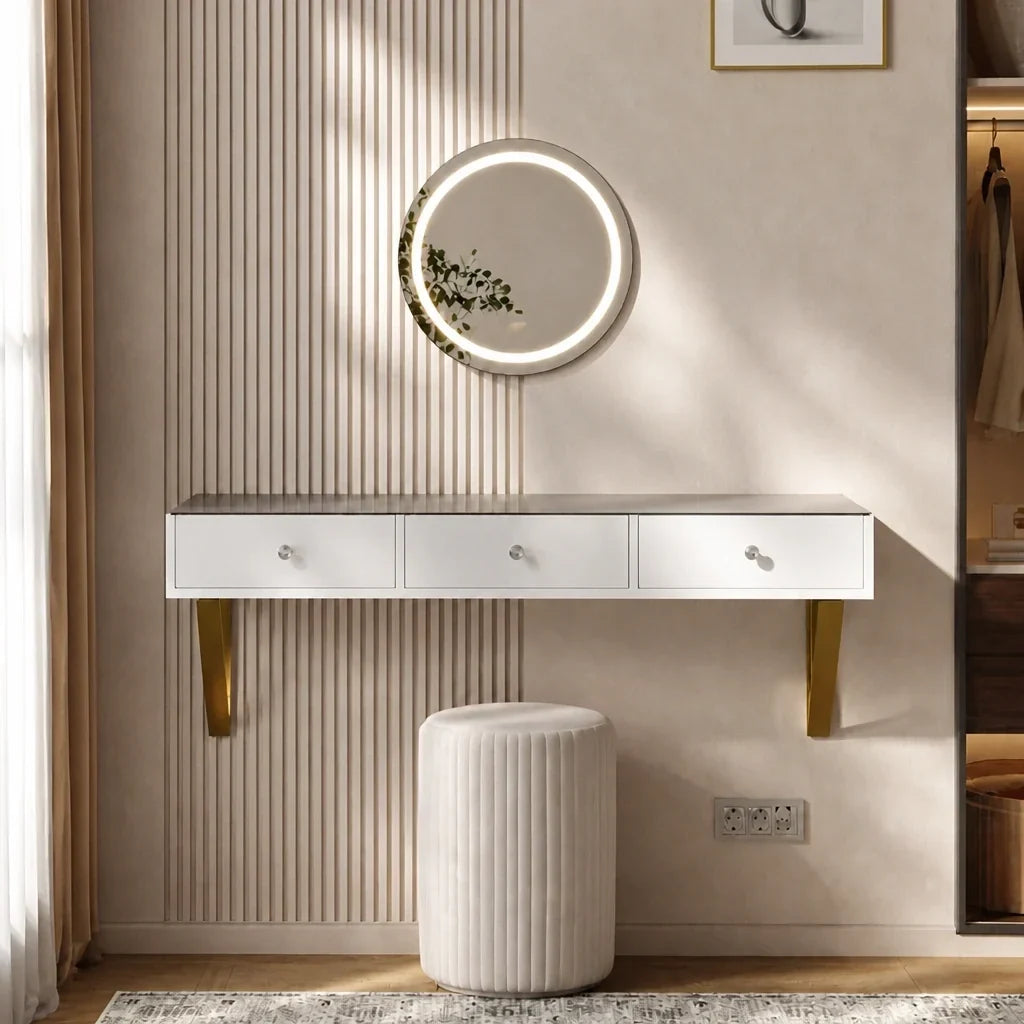 Dressing Table with Wall Mirror - White and Gold, 120cm