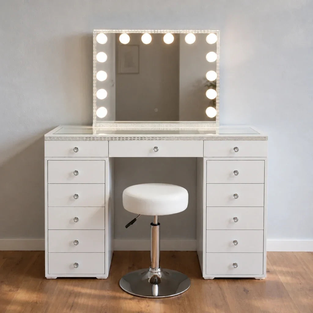 Dressing Table with Mirror and Drawers - White, Crystal