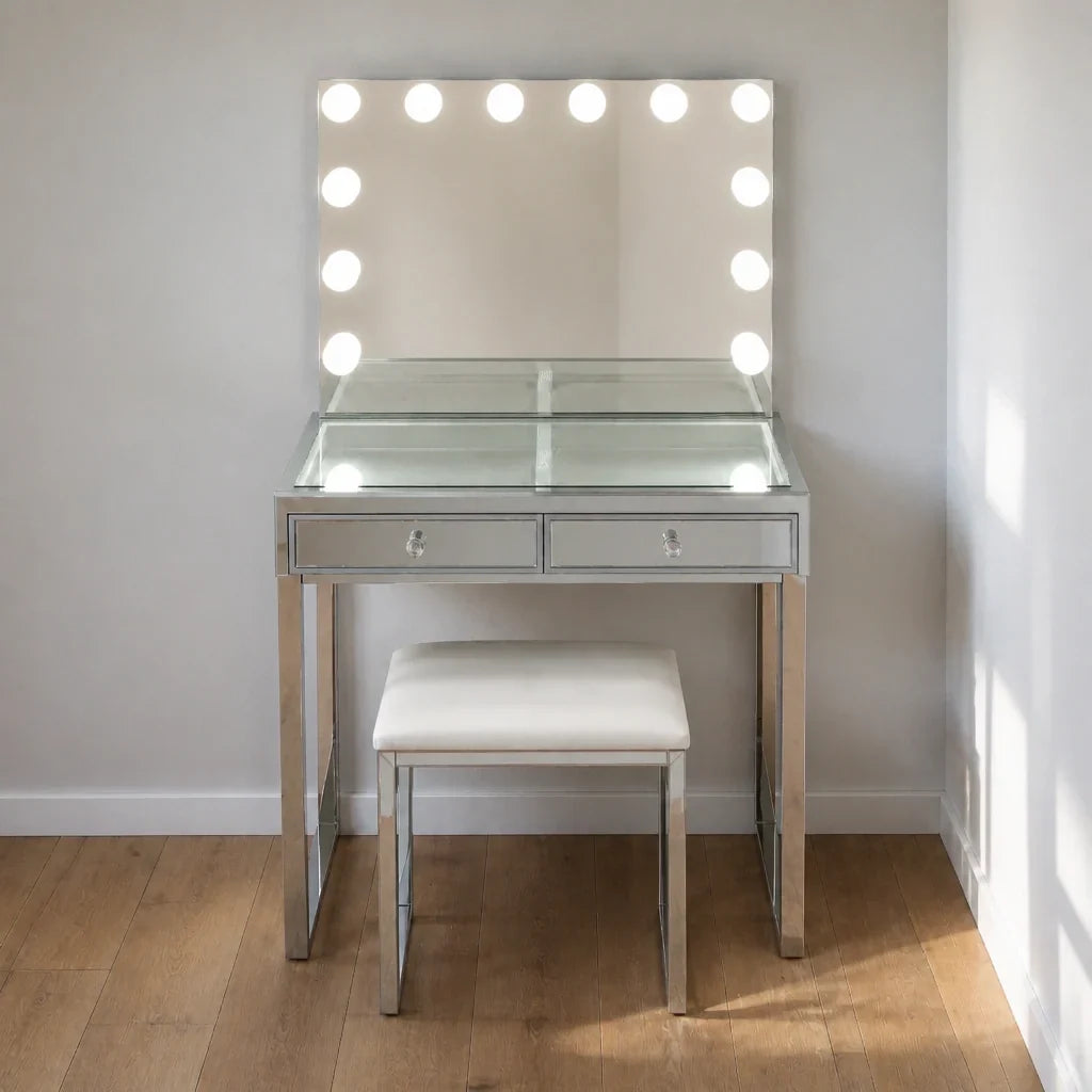 Small Dressing Table with Mirror - Mirrored, Chrome Legs