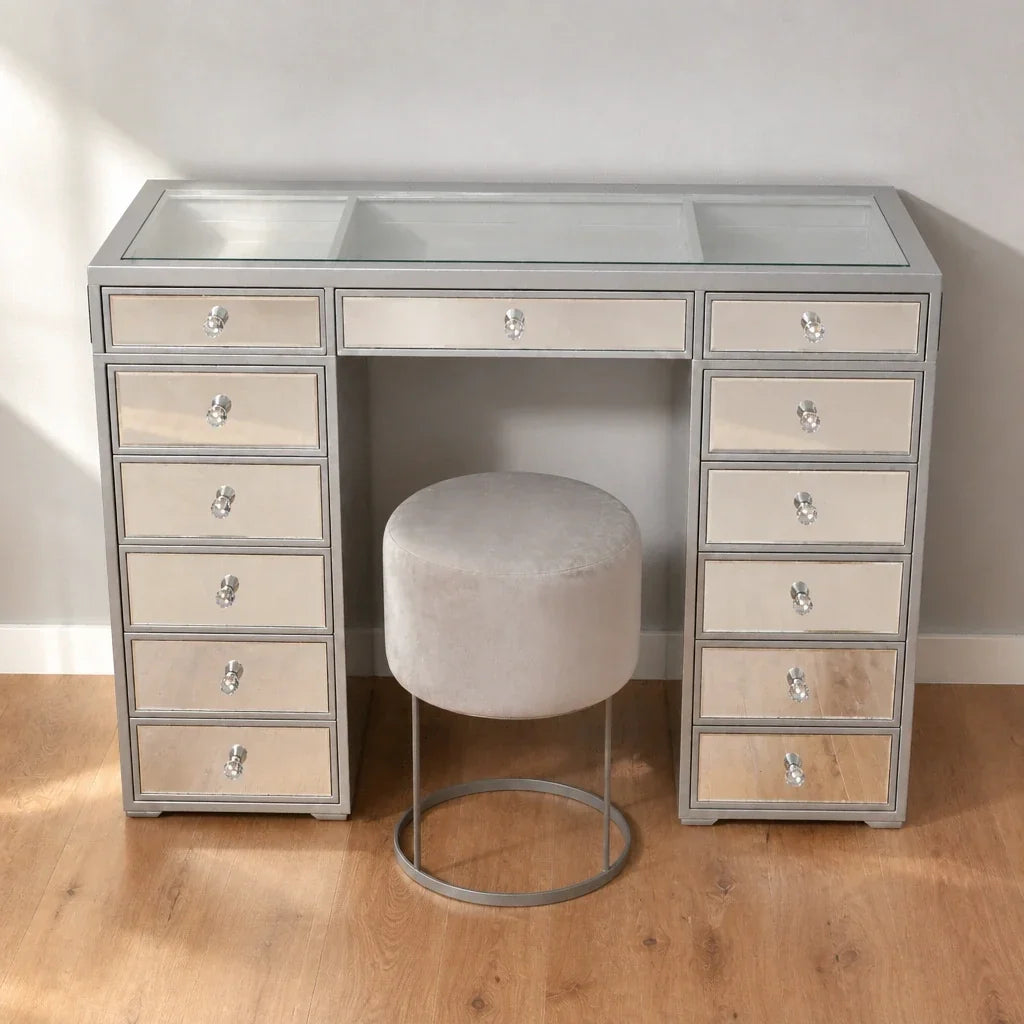 Mirrored Dressing Table with Drawers - Glass Top