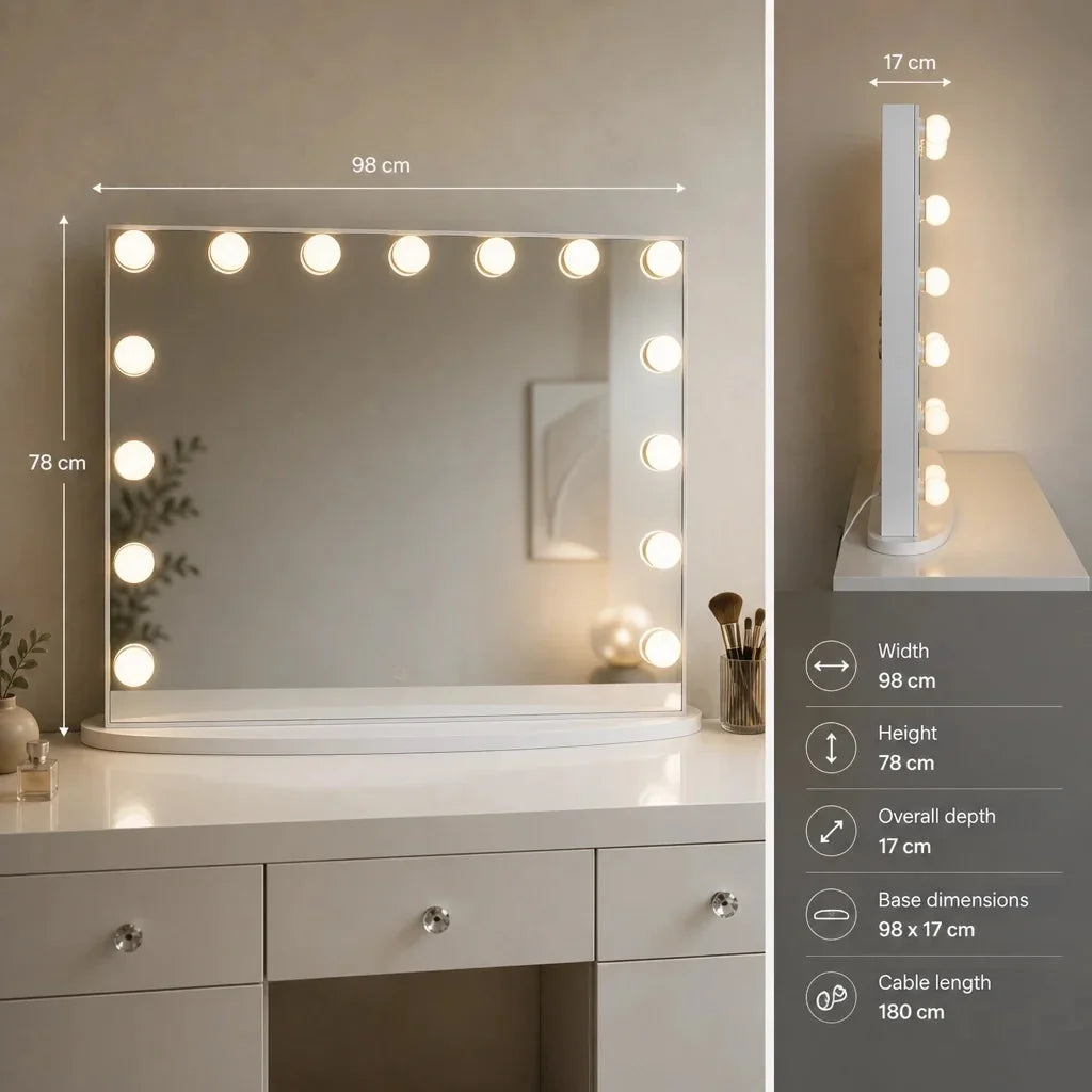 Hollywood Mirror with Bulbs - Large, White
