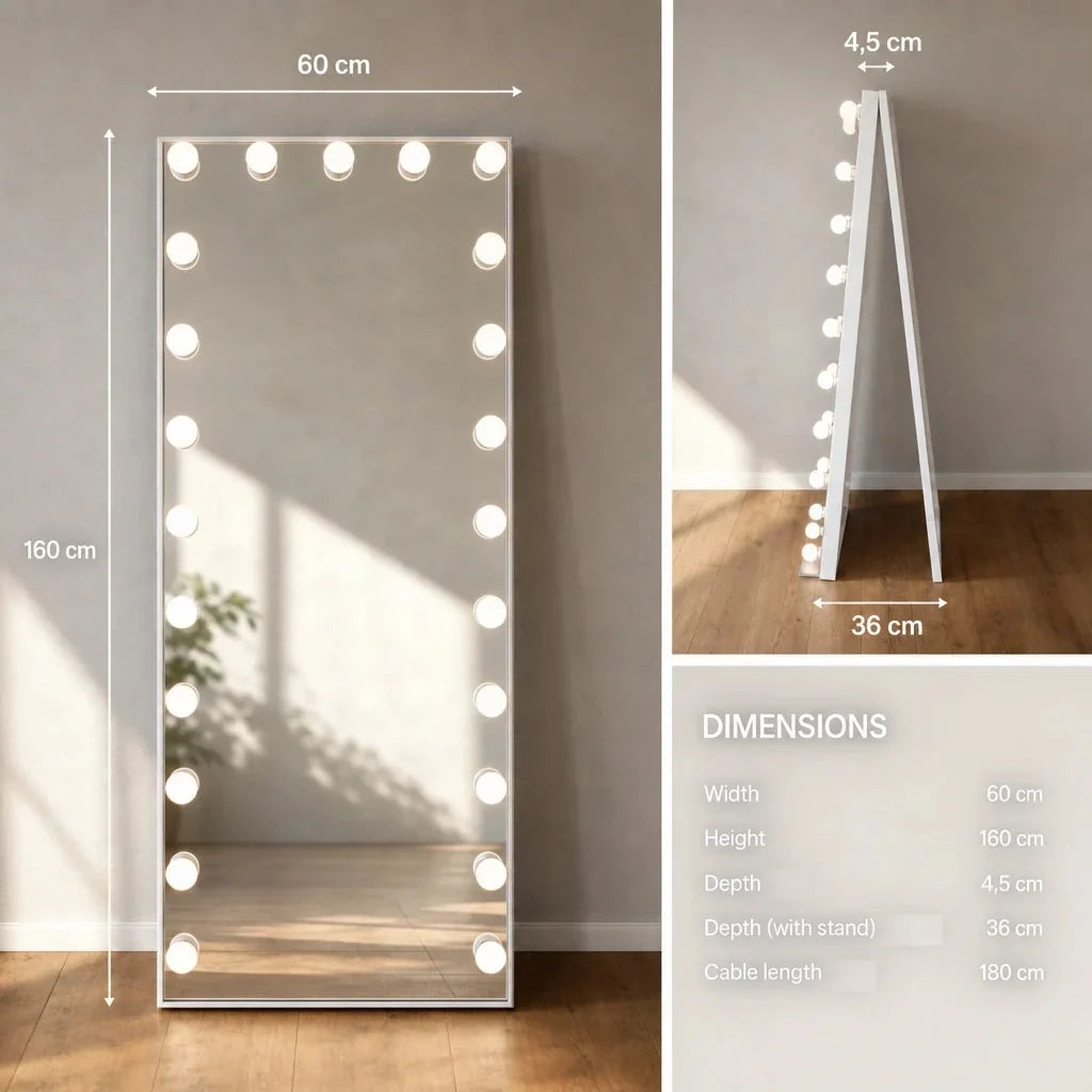 Floor Mirror with Lights - Full Length, White