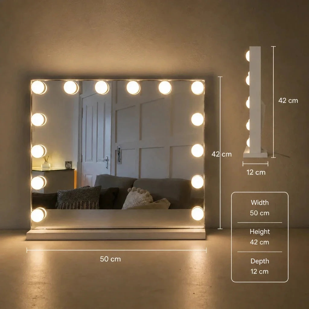 Hollywood Mirror with 12 LED Bulbs - White, 50cm