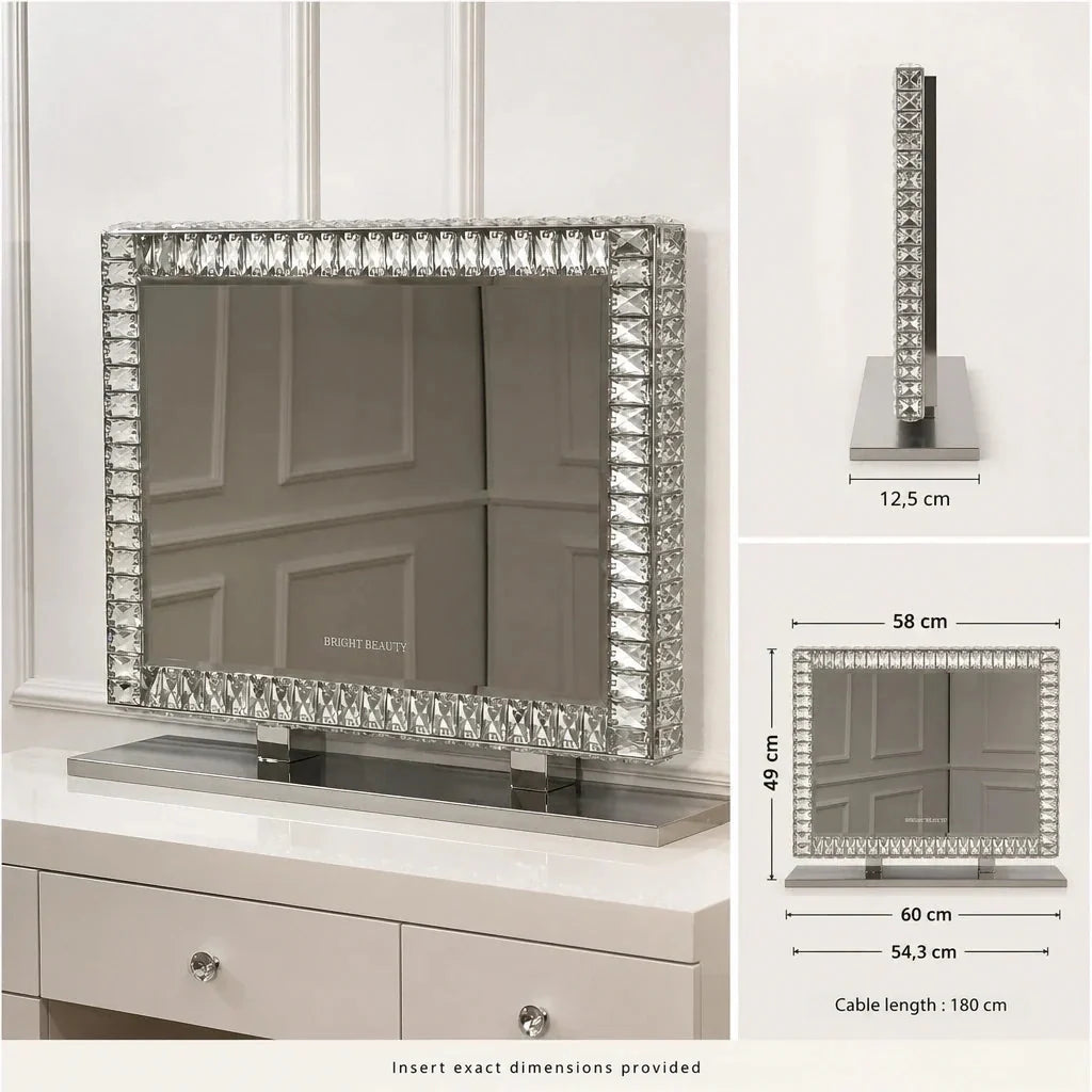 Makeup Mirror with Lights - Rectangular Crystal, Silver
