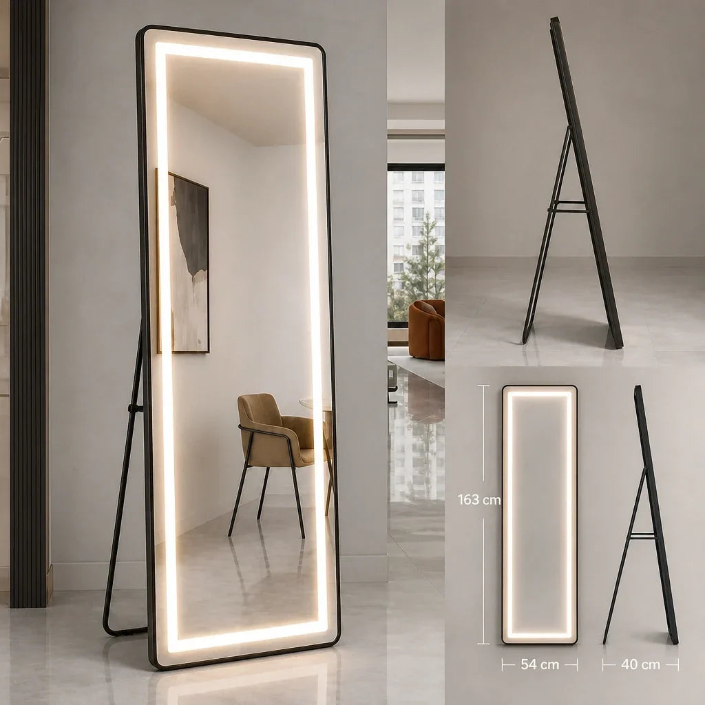 Full Length Floor Mirror with Lights - Black, 163cm