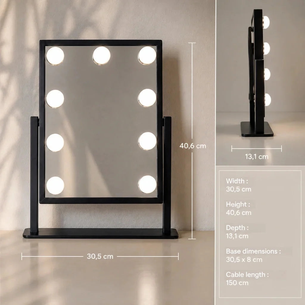 Makeup Mirror with Lights - Small, Black Gloss