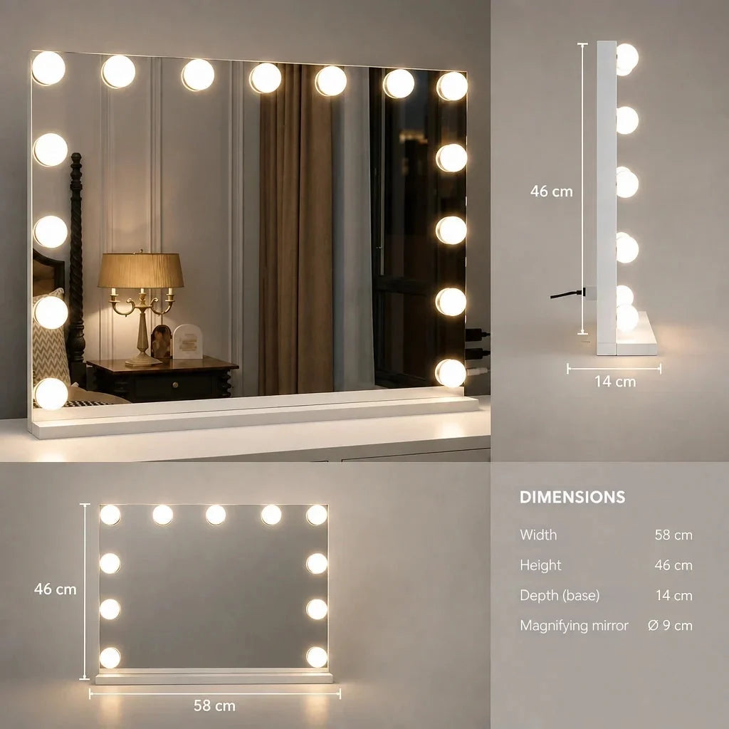 Hollywood Mirror with 15 LED Bulbs and USB Port - 58cm