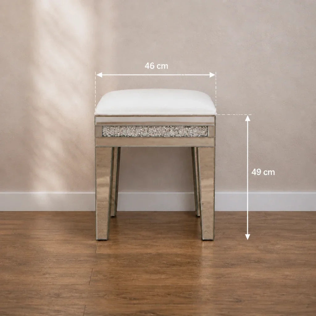 Dressing Table Stool - Crystal Mirrored, Velvet Seat