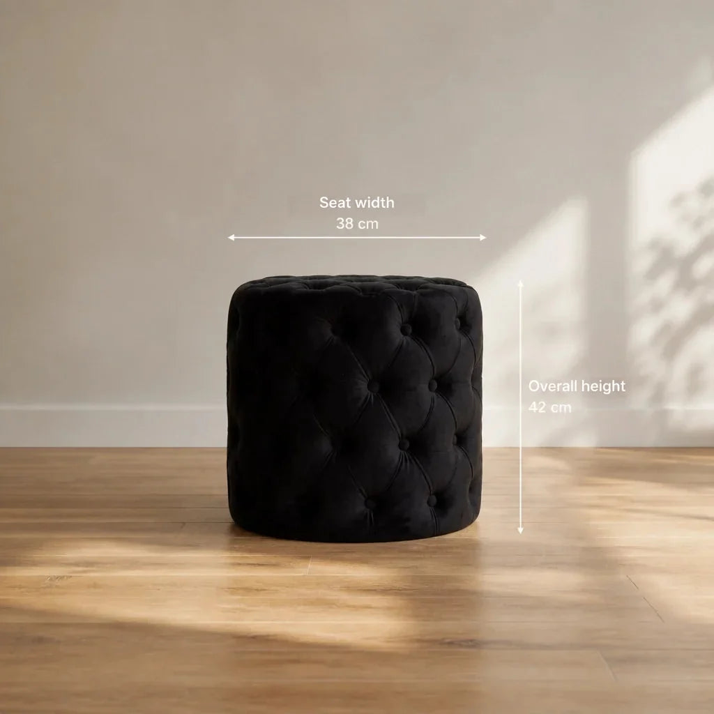 Dressing Table Stool - Black Velvet Pouffe