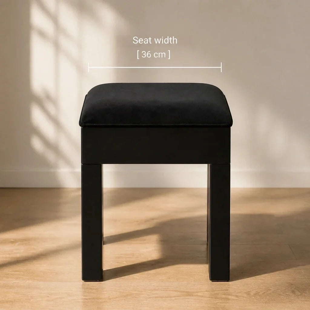 Dressing Table Stool - Black Velvet, Mirrored Frame