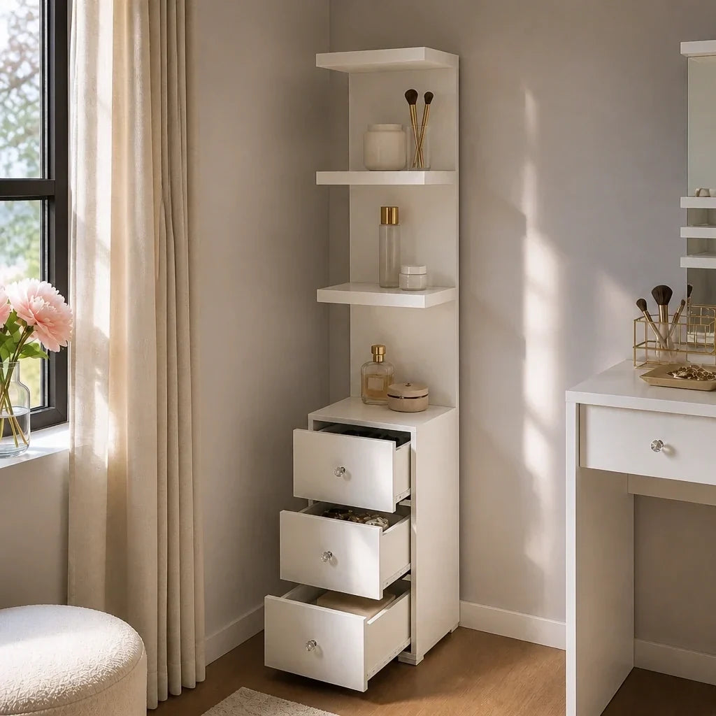 Dressing Table Shelf Unit with 3 Drawers - White