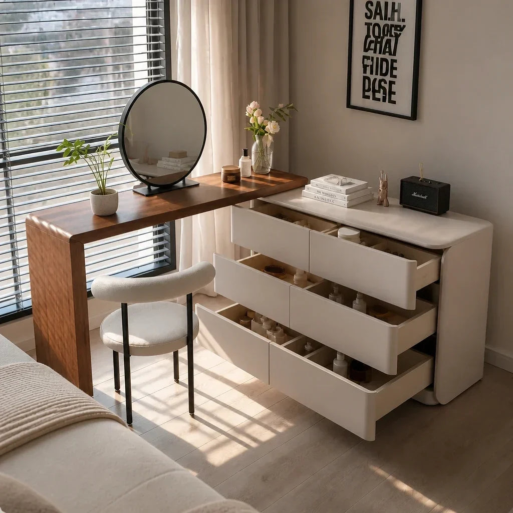 Corner Dressing Table with Mirror - Wooden Top, 120cm