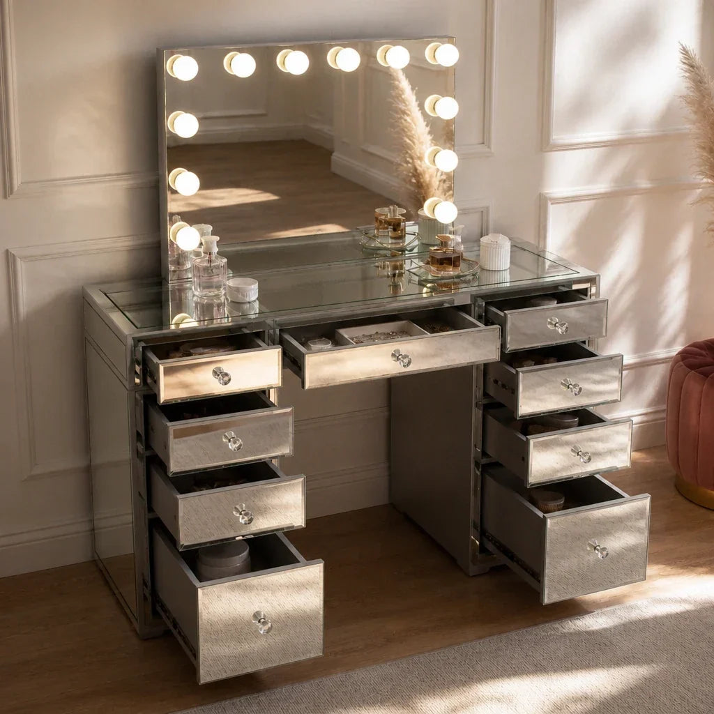 Dressing Table with Mirror and Drawers - Mirrored Finish