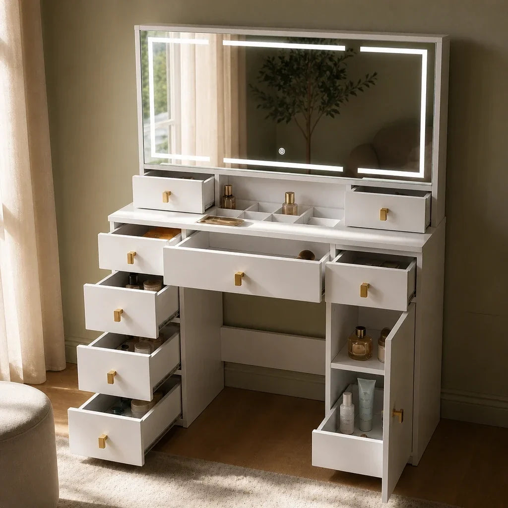 Dressing Table with Mirror and Gold Handles - White, 108cm