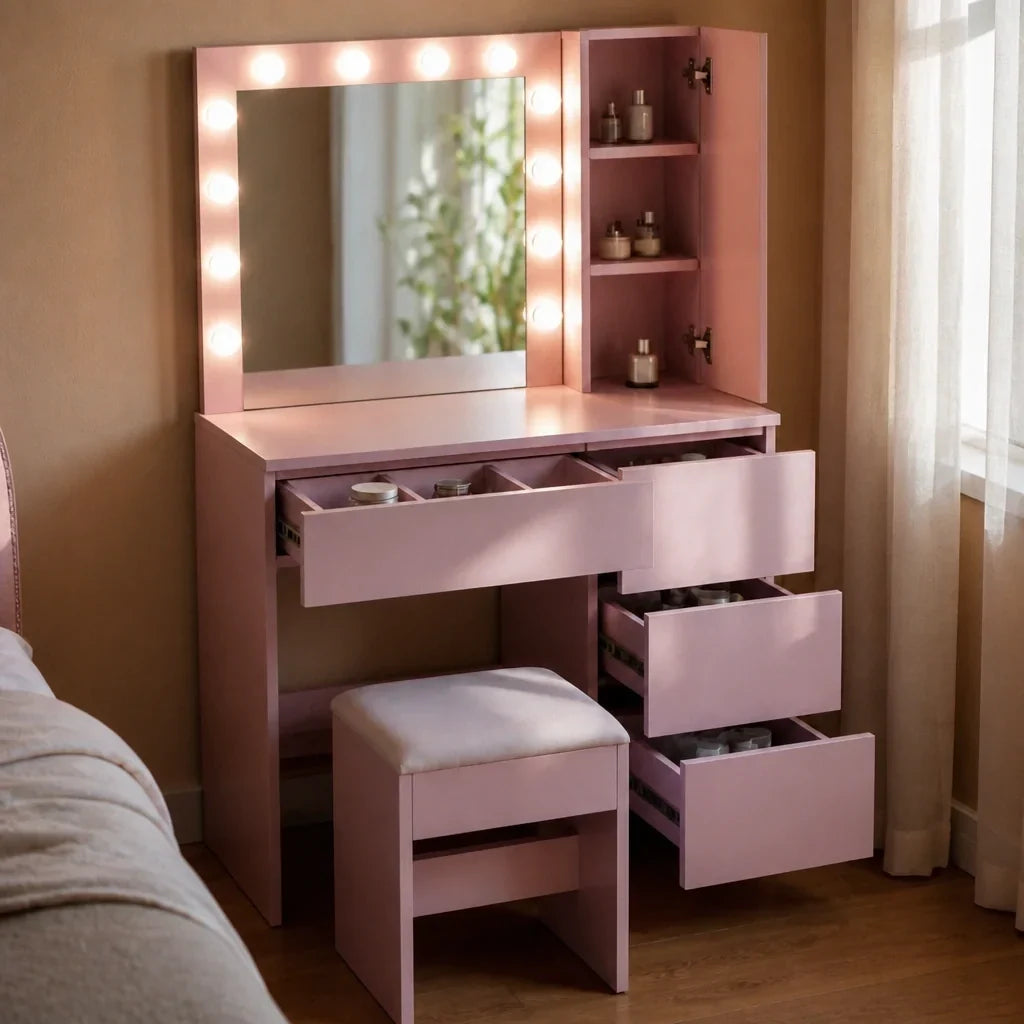 Dressing Table with Hollywood Mirror - Pink, 100cm