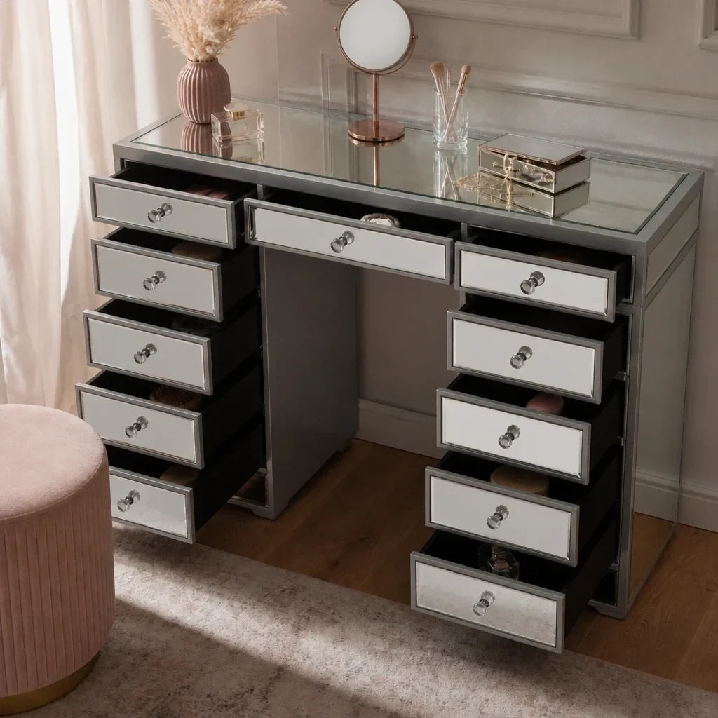 Mirrored Dressing Table with Drawers - Glass Top
