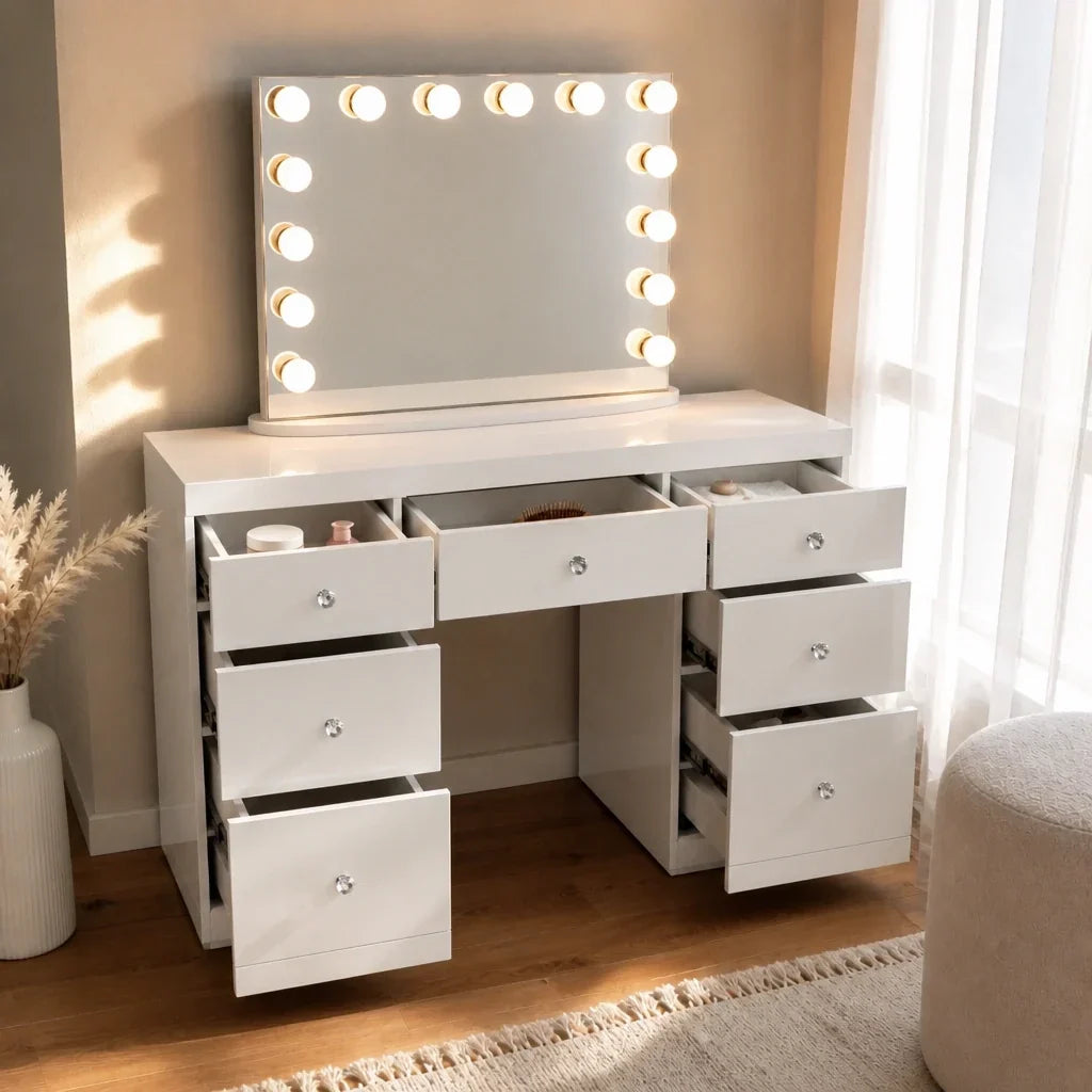 Dressing Table with Mirror and 7 Drawers - White