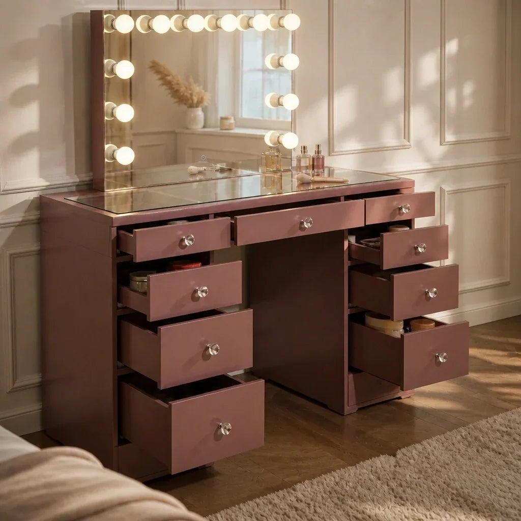 Dressing Table with Mirror and Drawers - Rose Gold