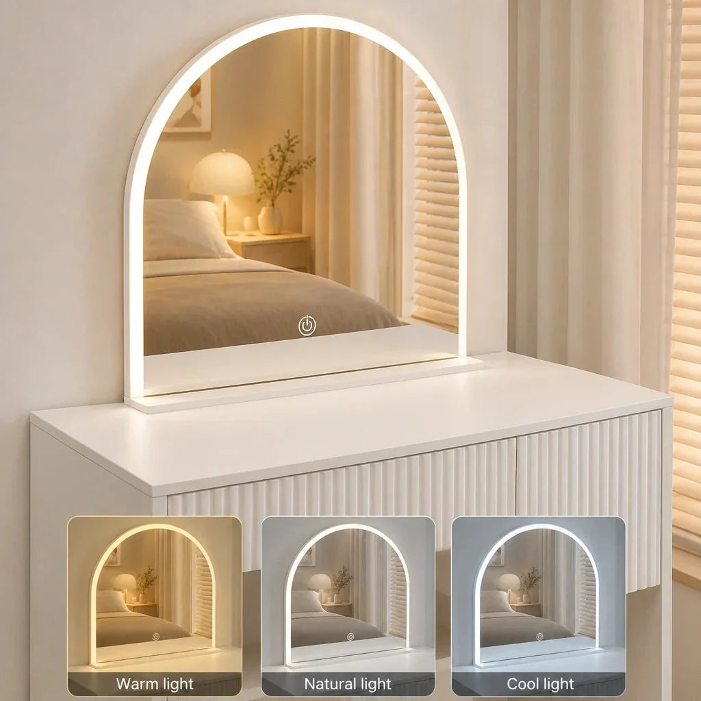 Small Dressing Table with Mirror - Cream White, 90cm