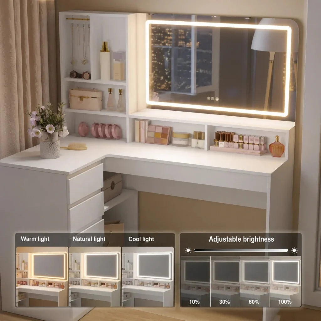 Corner Dressing Table with Mirror - White, 120 x 80cm