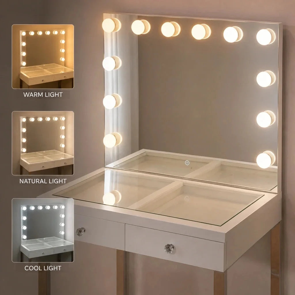 Small Dressing Table with Mirror - White, Chrome Legs
