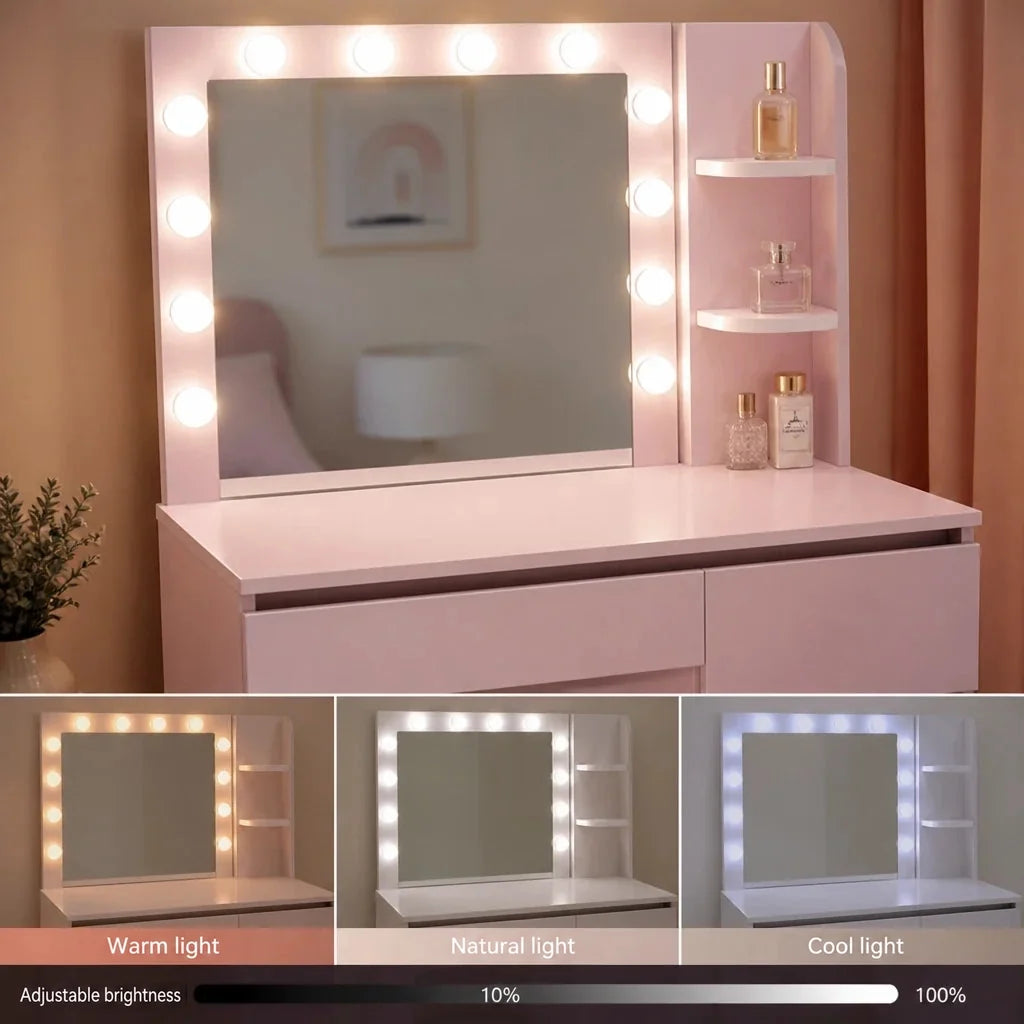Dressing Table with Hollywood Mirror - Pink, 100cm