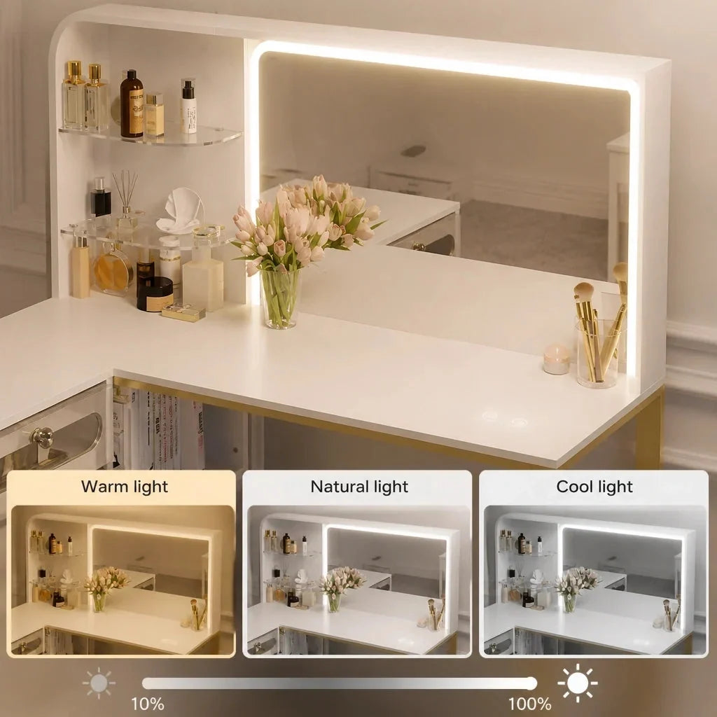 Corner Dressing Table with Mirror - Gold Legs, 5 Drawers