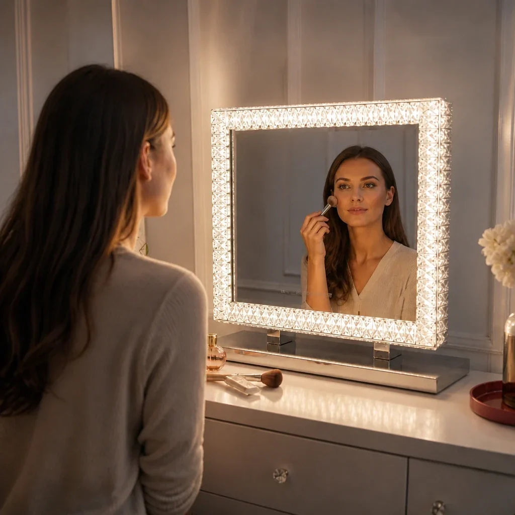 Makeup Mirror with Lights - Rectangular Crystal, Silver