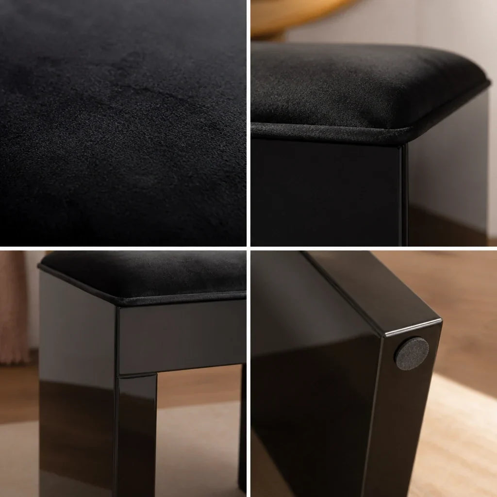 Dressing Table Stool - Black Velvet, Mirrored Frame
