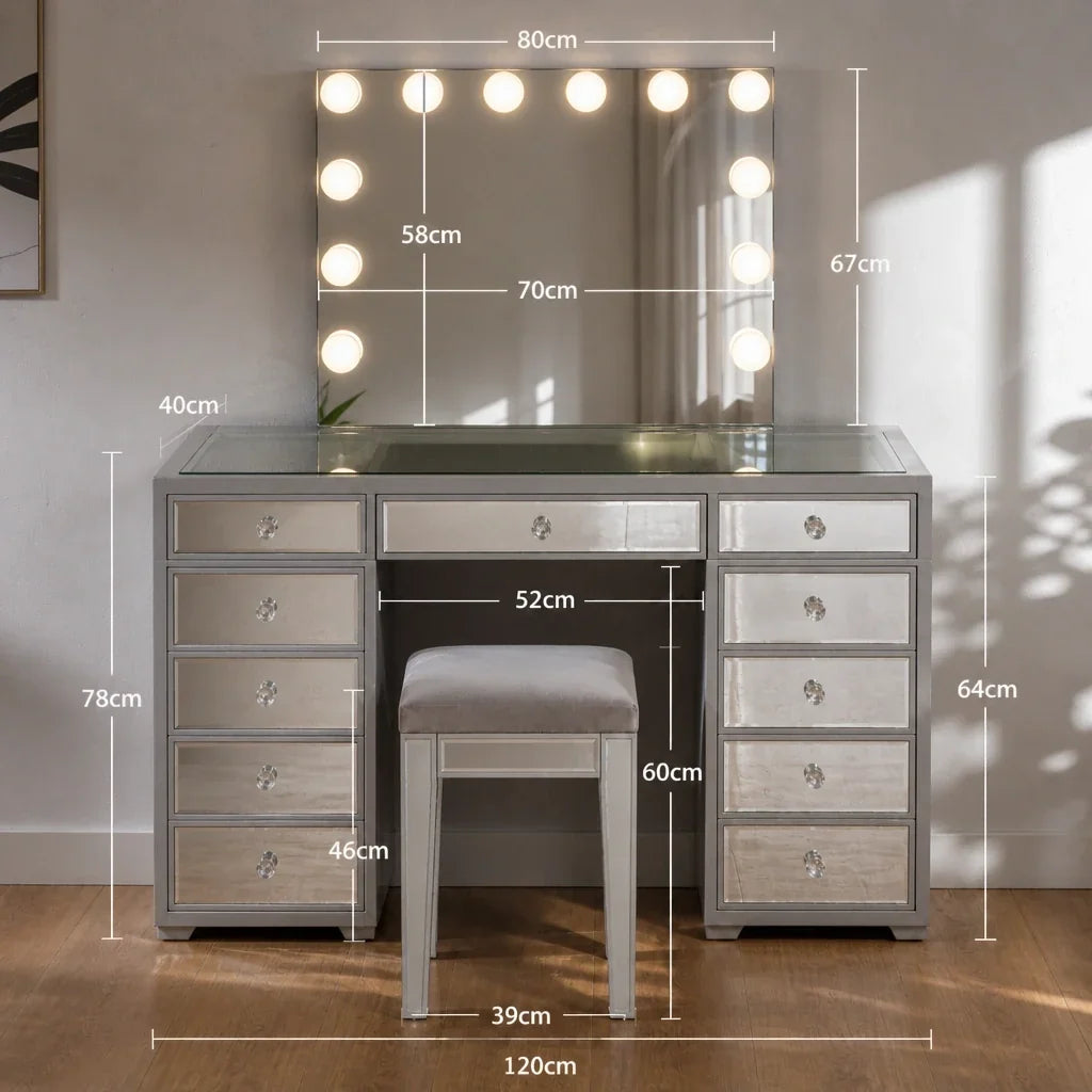 Dressing Table with Mirror and Drawers - Mirrored Finish